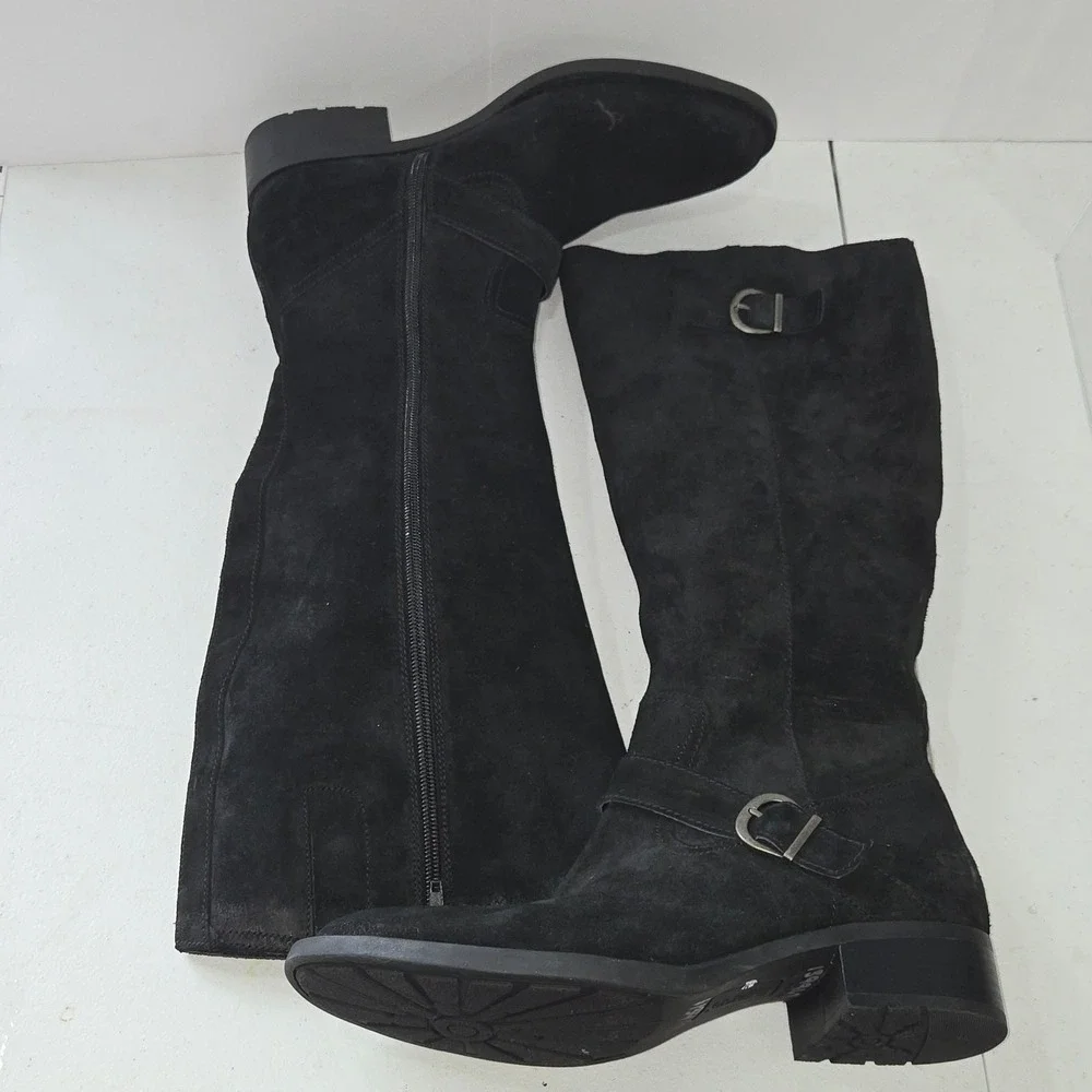 Born Sophia Black Suede Leather Tall Riding Boots Buckle Zip Womens 9.5M